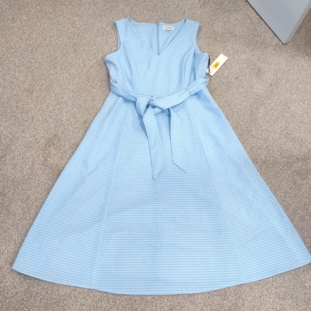 Calvin Klein Chevron blue Sleeveless Dress with Belt Sz 12